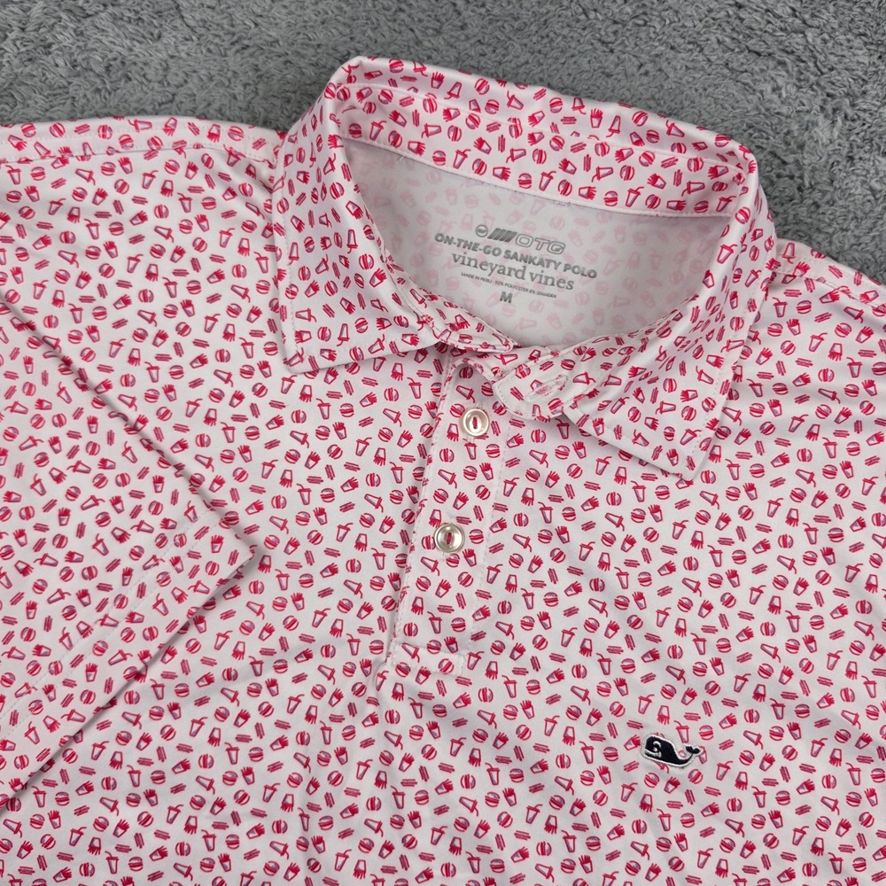 Vineyard Vines On The Go Sankaty Polo Mens M Pink Burger Fries Performance Golf